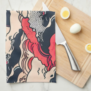 Abstract Vintage Ocean Waves Japanese Style Art   Kitchen Towel
