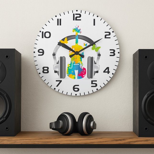 Abstract Violin with Headphones and Music Art  Large Clock (Creator Uploaded)
