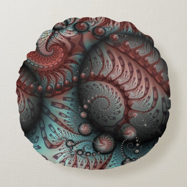 Abstract Vivid Fantasy Fractal Art Brown Blue Round Pillow (Front)