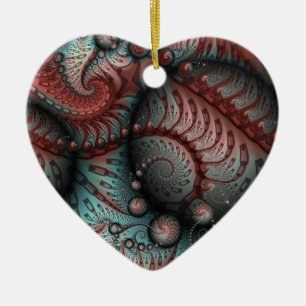 Abstract Vivid Fantasy Fractal Brown Blue Heart Ceramic Ornament