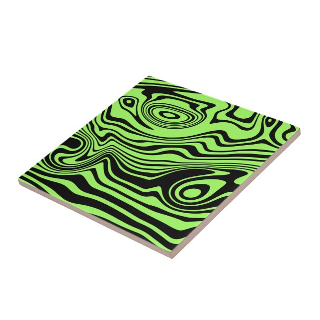Abstract Warped Black & Neon Green Lines Customize Tile (Side)