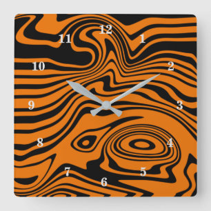 Abstract Warped Black & Orange Lines -Customizable Square Wall Clock