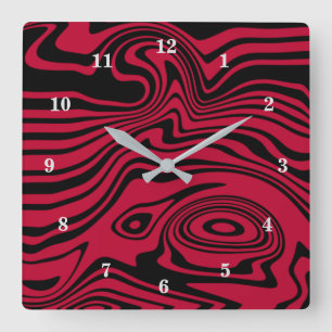 Abstract Warped Black & Red Lines - Customizable Square Wall Clock
