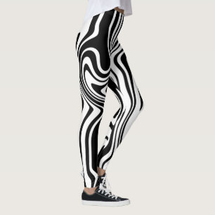 Abstract Warped Black White Striped Leggings