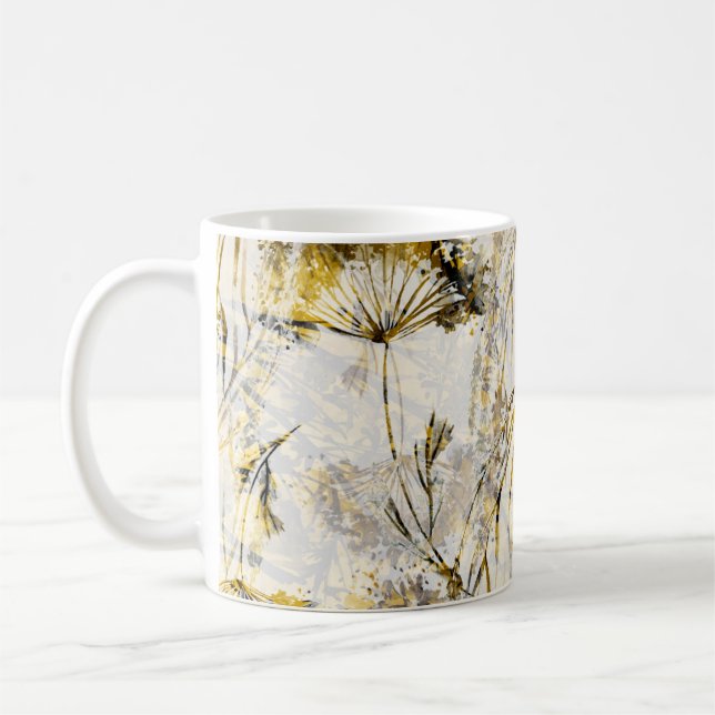 Abstract watercolor background: dandelion, juniper coffee mug (Left)