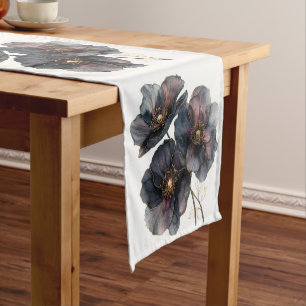 Abstract watercolor black gold & burgundy flowers short table runner