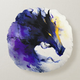 Abstract Watercolor Black Horse Portrait Round Pillow