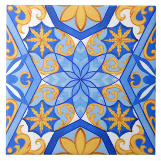 Abstract Watercolor Blue and Gold Geometric Shapes Tile