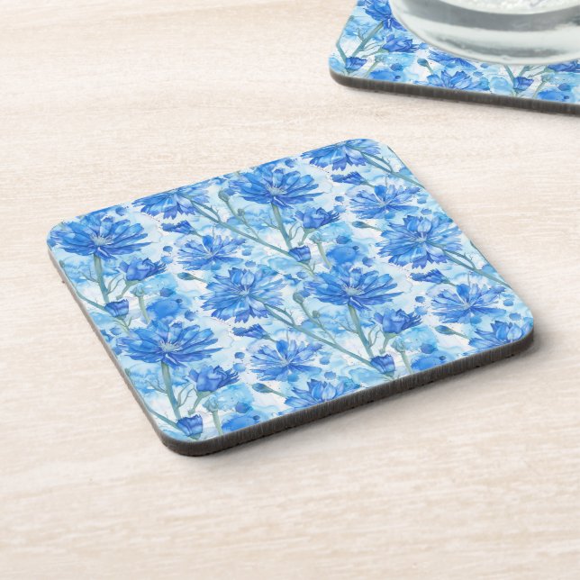 Abstract Watercolor Blue and White Flowers Coaster (Left Side)