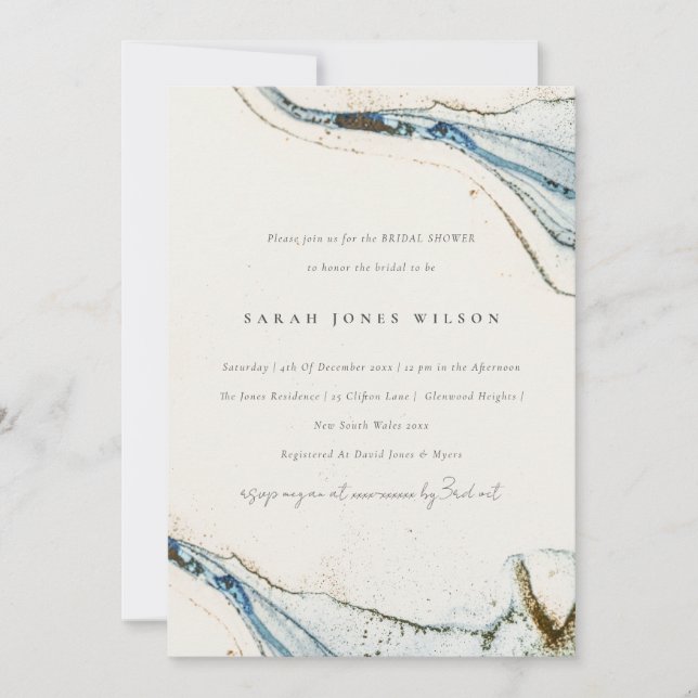 Abstract Watercolor Blue Gold Beach Bridal Shower Invitation (Front)