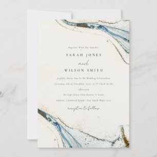 Abstract Watercolor Blue Gold Beachy Wedding Invitation
