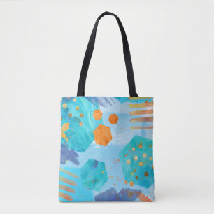 Abstract watercolor blue hexagon painted tote bag