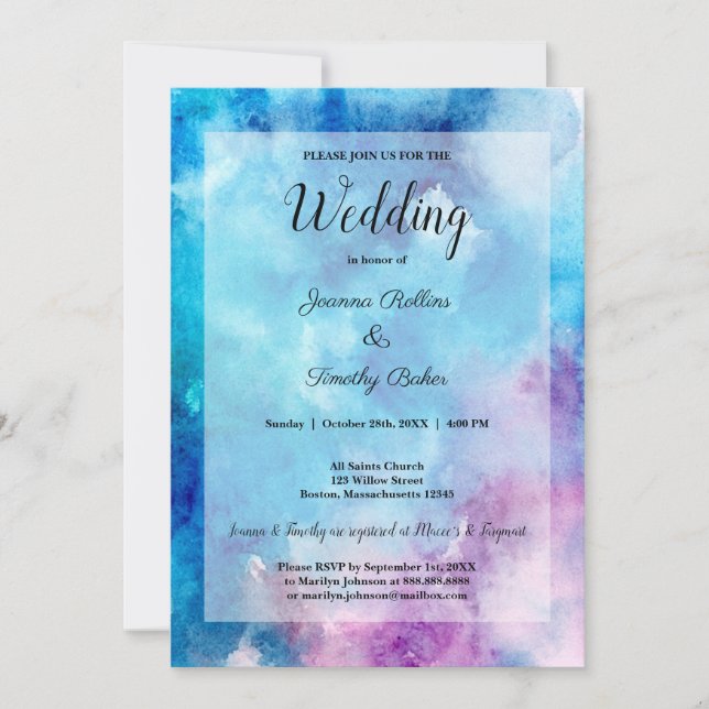 Abstract Watercolor Blue Purple Wedding Invitation (Front)