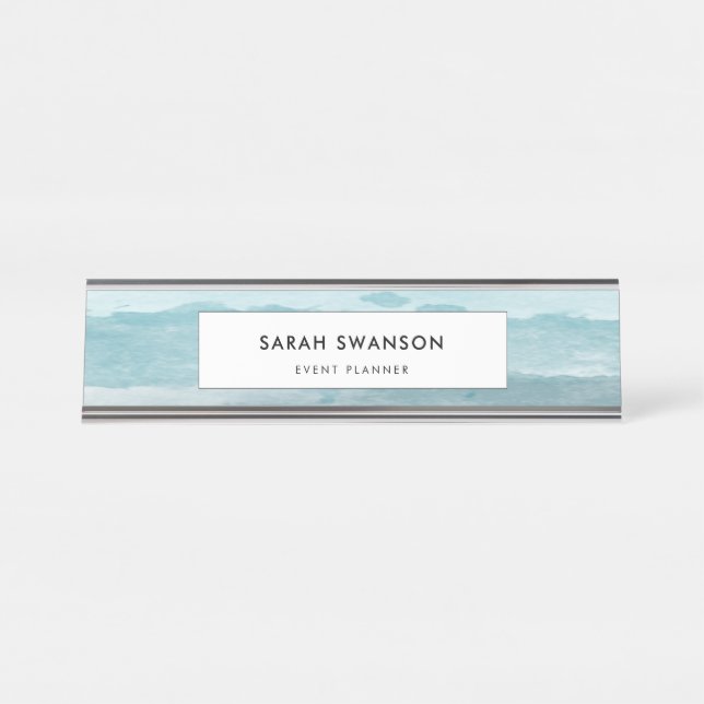 Abstract watercolor blue sea desk name plate (Front)