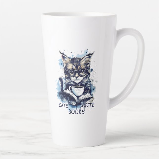 Abstract Watercolor Cats Coffee Books Latte Mug (Right)