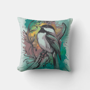 Abstract Watercolor Chickadee - Teal Throw Pillow