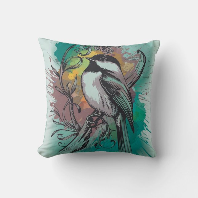 Abstract Watercolor Chickadee - Teal Throw Pillow (Front)