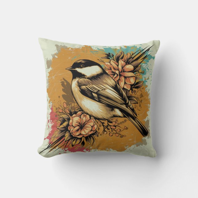 Abstract Watercolor Chickadee Throw Pillow (Front)