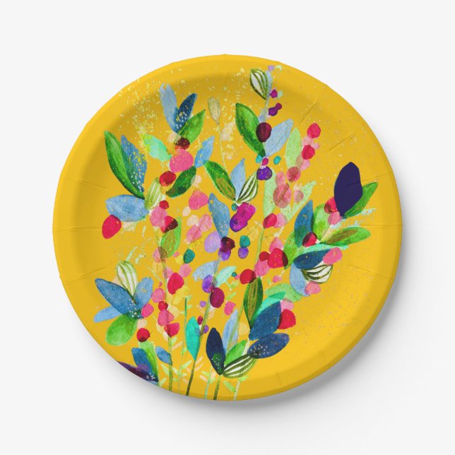 Abstract watercolor colourful floral paper plate (Front)