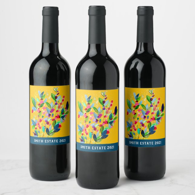 Abstract watercolor colourful floral wine label (Bottles)