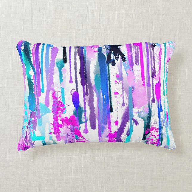 Abstract Watercolor Drips Blue Turquoise Pink Accent Pillow (Front)