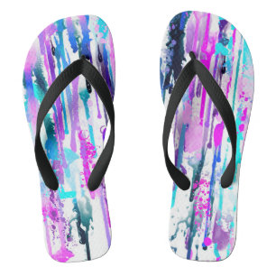 Abstract Watercolor Drips Blue Turquoise Pink Flip Flops