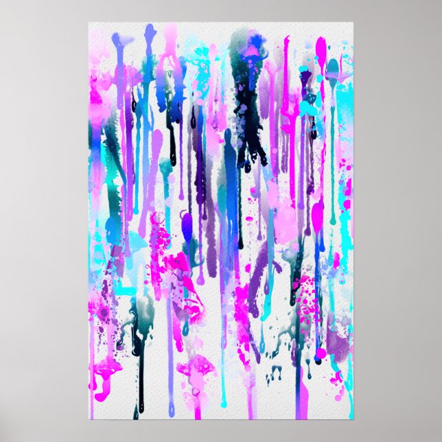 Abstract Watercolor Drips Blue Turquoise Pink Poster (Front)
