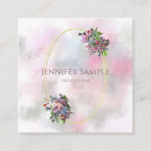 Abstract Watercolor Flowers Gold Frame Chic Modern Square Business Card