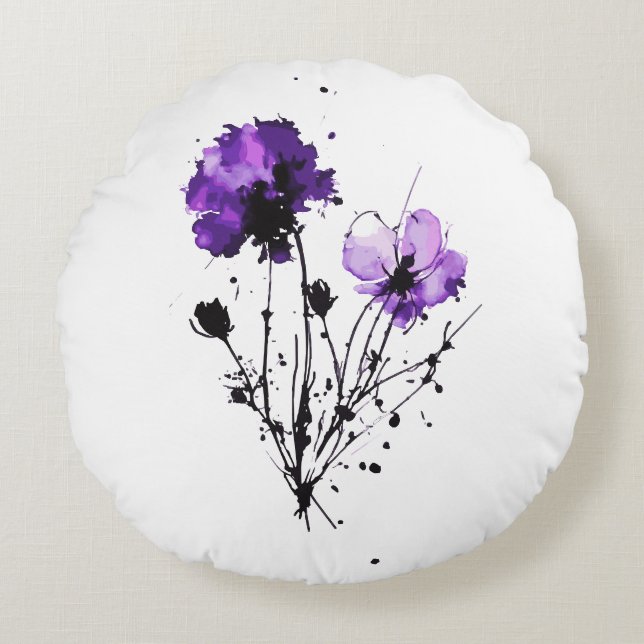  Abstract Watercolor Flowers Round Pillow (Front)