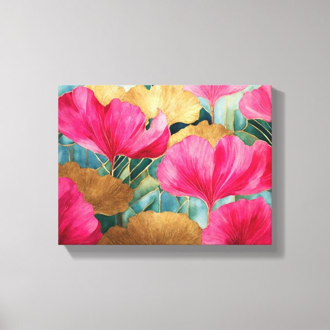 Abstract Watercolor Ginkgo leaves pink gold Canvas Print (Front)