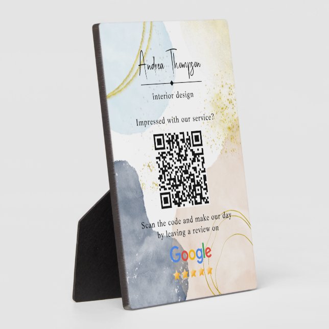 Abstract Watercolor Gold Foil Review Link QR Code Plaque (Side)