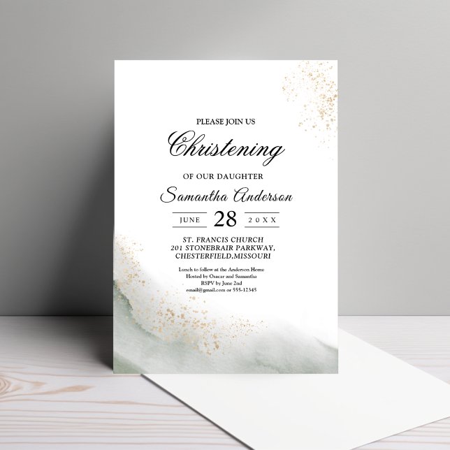 Abstract Watercolor Green Brush Strokes & Gold  Invitation (Creator Uploaded)