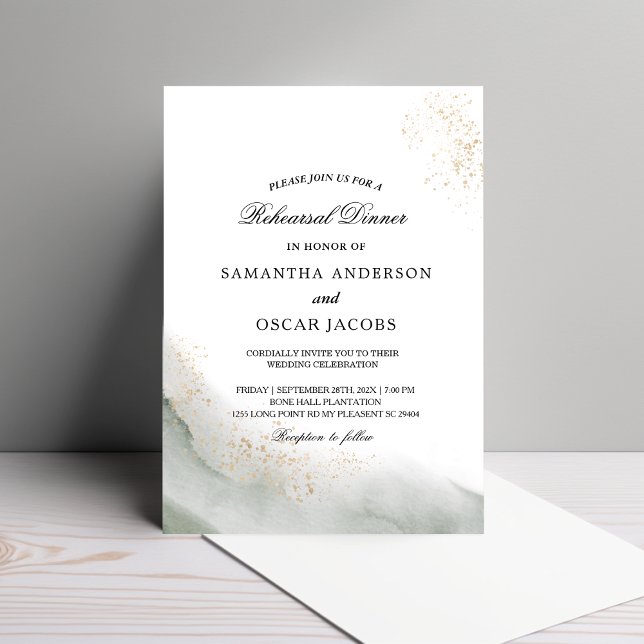 Abstract Watercolor Green Brush Strokes & Gold  Invitation (Creator Uploaded)