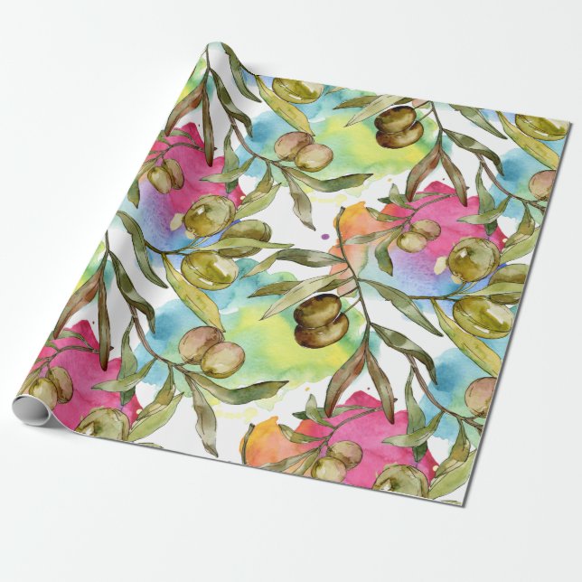 Abstract Watercolor Green Olive Branches Wrapping Paper (Unrolled)
