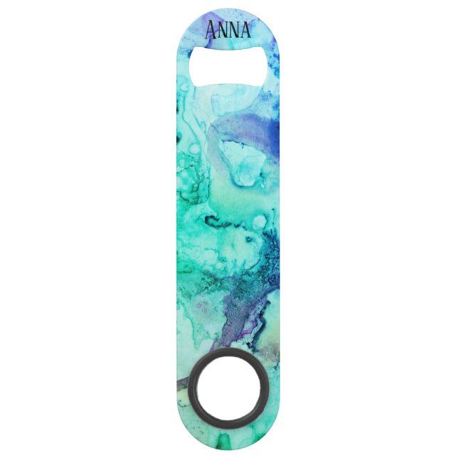 *~* Abstract Watercolor Green Turquoise Modern Bar Key (Front)