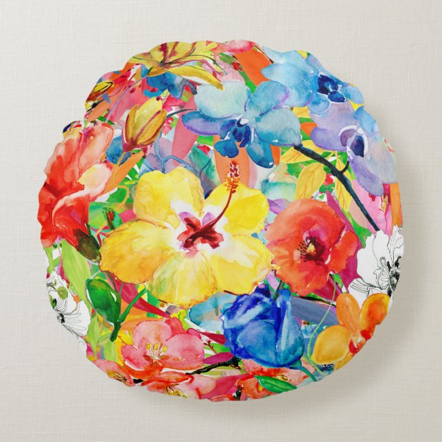 Abstract watercolor hand painted background with m round pillow (Front)