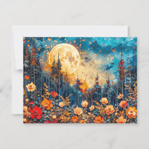 Abstract watercolor illustration of full moon over postcard