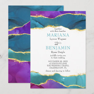 Abstract Watercolor Ink Fuchsia Pink Teal Gold Inv Invitation