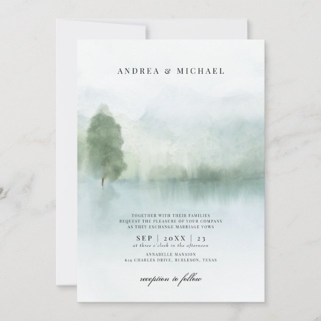 Abstract Watercolor Lake and Trees Wedding Invitation (Front)