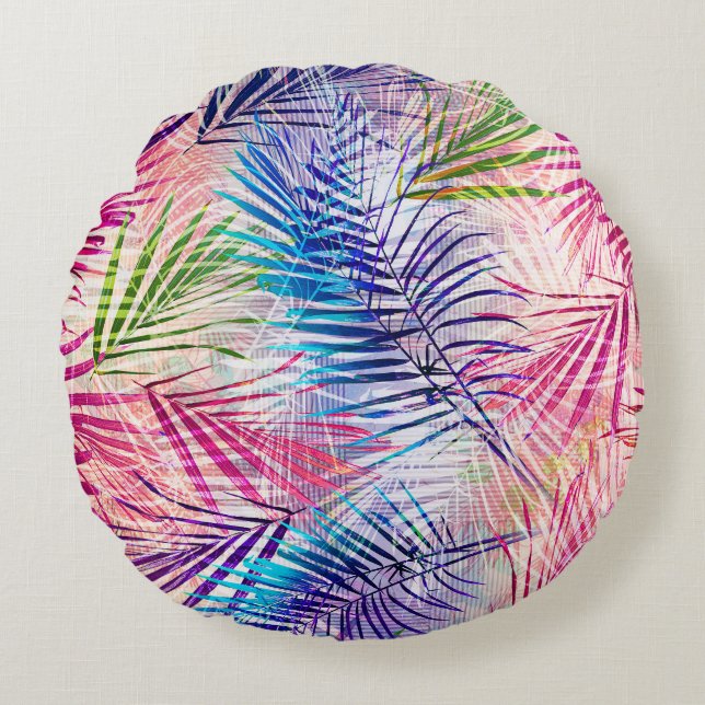 Abstract Watercolor Leaves Allover Pattern Round Pillow (Front)