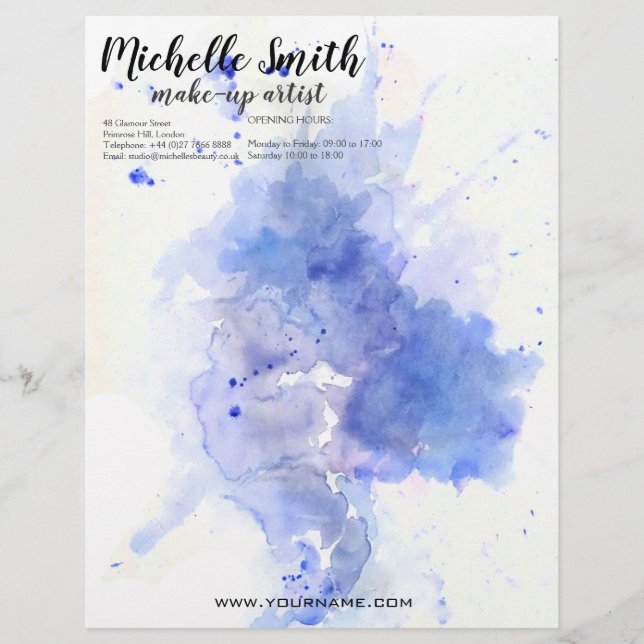 Abstract watercolor light blue splash brush stroke letterhead (Front)