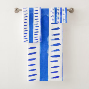 Abstract watercolor lines - blue bath mat towel set
