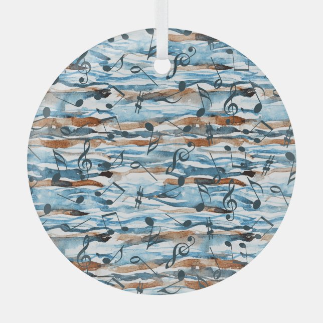 Abstract watercolor music notes pattern. glass ornament (Front)