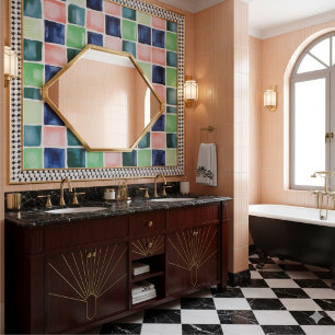 Abstract Watercolor Navy Green Coral Block Pattern Tile