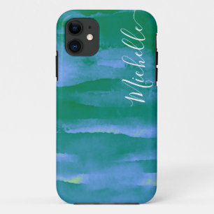 Abstract Watercolor Neon Green and Blue  iPhone 11 Case
