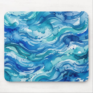 Abstract Watercolor Ocean Waves Mouse Pad