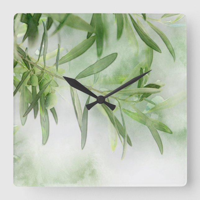 Abstract Watercolor Olive Branch Square Wall Clock (Front)