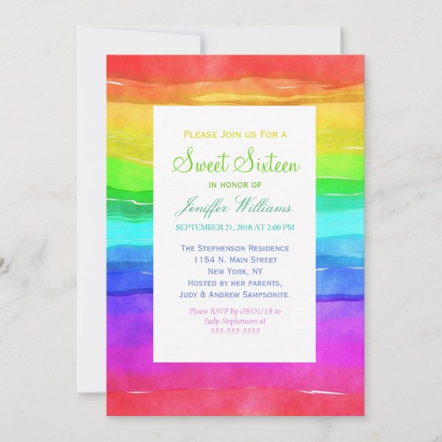 Abstract Watercolor Painted Stripes Rainbow.       Invitation (Front)