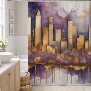 Abstract Watercolor Painting Gold Cityscape