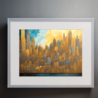 Abstract Watercolor Painting Gold Cityscape 4:3 Poster